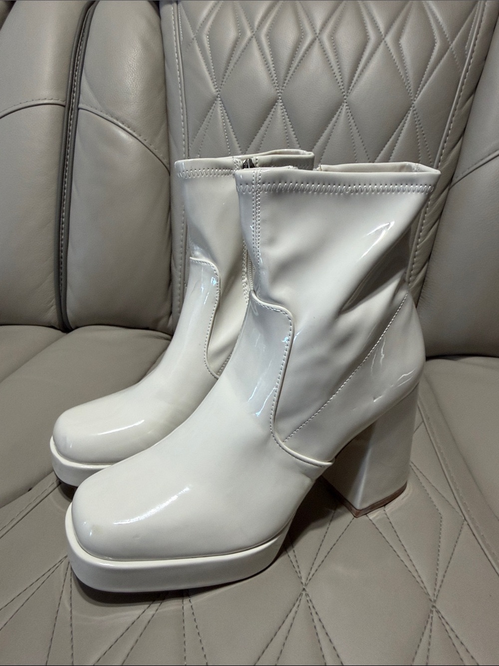 Steve Madden White Patent Platform Block Heel Ankle Boots